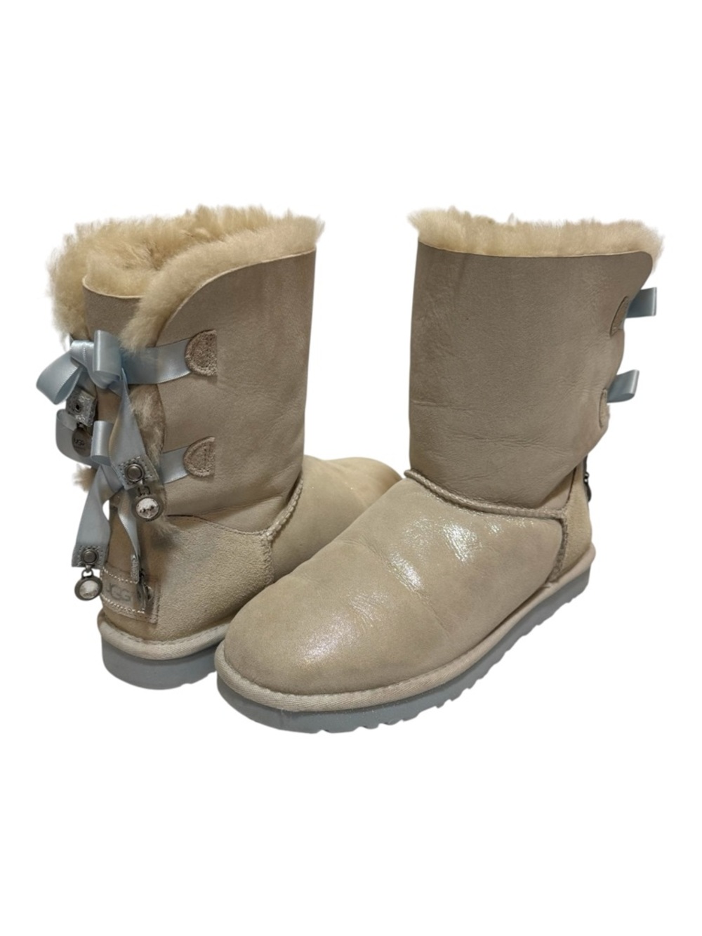 UGG Bailey Bow "I Do" Wedding Boots Metallic Shimmer Swarovski Crystal Charms 8